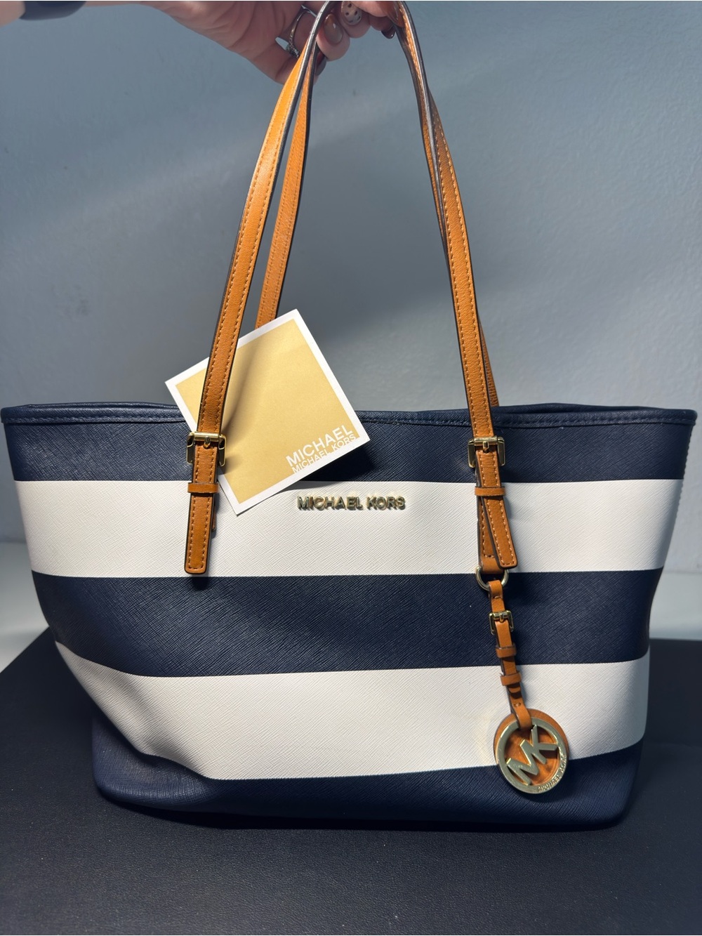 Michael Kors Navy & White Stripe Saffiano Tote with Tan Handles